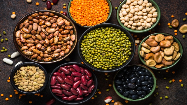 Different beans and lentils in bowls
